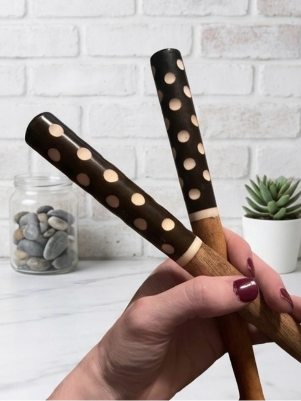 Polka Dot Handle Wooden Salad Serving Spoon and Fork Set - Brown - Picture 7 of 7